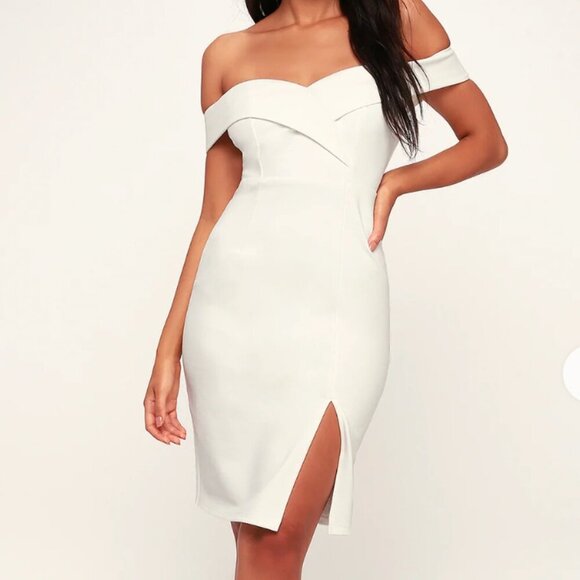 Lulu's Classic Glam White Stretch Off Shoulder Bodycon Dress Bridal Size L
